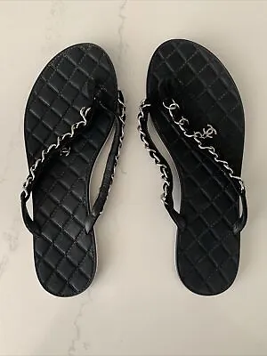 CHANEL Sz 37 Black Suede Calfskin Leather Silver Chain Sandal Strap Needs Repair • $199