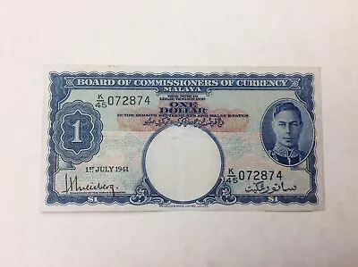 ~1941 Malaya British Administration George VI One Dollar $1 Banknote - P 11 • $49