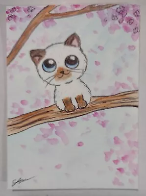 Aceo Original Painting Cat Kitty Cherry Blossom Watercolor Pencil Ink 2.5x3.5in. • $5.49