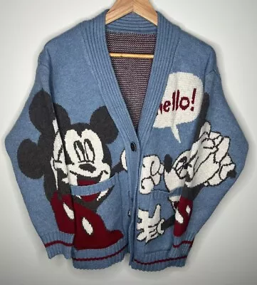 Vintage Mickey Mouse Wool Blue Sweater  Cardigan Jacket Sz M Hand Knitted • $61