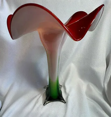 Vtg Murano Style Art Glass Trumpet Tulip Shape Vase Cased Red White Green  • $59.95