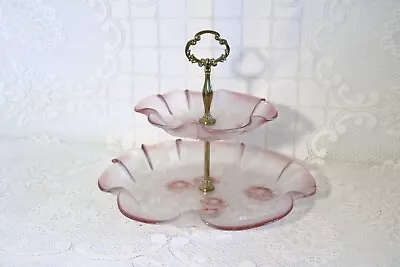 MIKASA ROSELLA CRYSTAL PINK SATIN FLOWERS W. Germany Two-Tier Serving Tray • $29.99