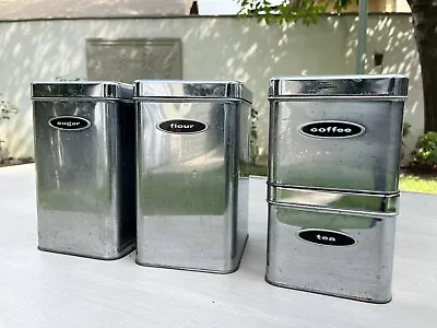 Vintage Masterware Chrome Canister Set W/Lids • Tea Sugar Flour Coffee • $45.46