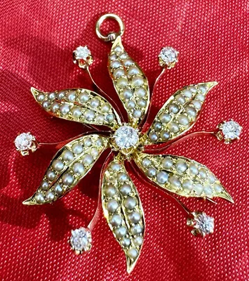 Antique Starburst Solid 14K Yellow Gold Mine Diamond & Seed Pearl Brooch Pendant • $399.99
