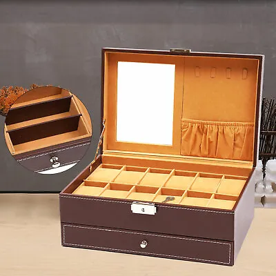 Mens Watch Box Organizer 12 Slots Watch Jewelry Storage Display W/Mirrior • $38