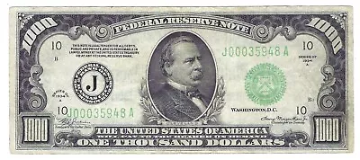 1934 A $1000 Federal Reserve Note Middle Grade Scarce One Thousand Dollars K.C. • $2800