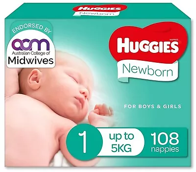 Huggies Newborn Nappies Size 1 (up To 5kg) 108 Count • $41.80