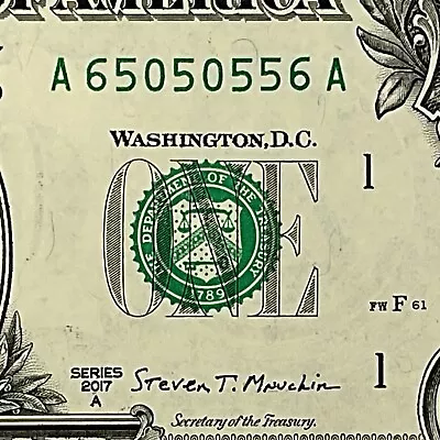 Trinary Fancy Serial Number 2017A One Dollar Bill A65050556A FW Print 0s 5s 6s • $4.95