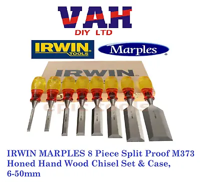 IRWIN MARPLES 8 Piece Split Proof M373 Honed Hand Wood Chisel Set & Case 6-51mm • £76.99