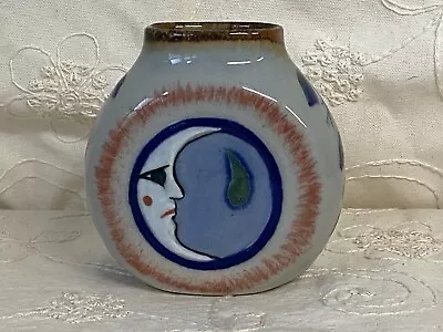 Vintage Mexican Tonala Pottery Sun Moon Vase Signed Crying Moon Mustache Sun • $30