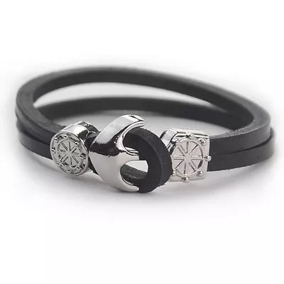 Mens Womens Multilayer Genuine Leather Rope Bangle Anchor Cuff Bracelet #B241 • $8.99