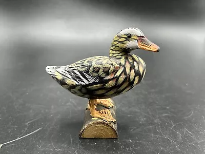 Vintage Hand Painted Carved Wood Mallard Bird Duck Standing On Log Folk Art 3.5” • $15