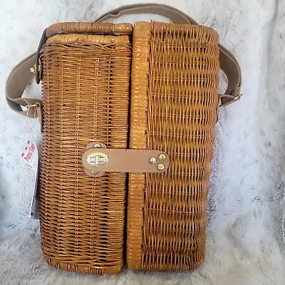 Vintage Wicker Picnic Basket Wine Carrier Bottle Holder Carrying Case With Strap • $34.99