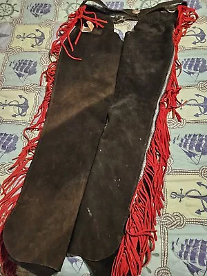 Whitman Western Show Chaps. Black Suede Leather With Red Fringe Size Medium 32  • $53.99