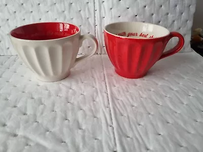 Jamie Oliver Jme Cappuccino Cups  Mugs NEW Ribbed Rare Wakey Wakey Red White • £12.50