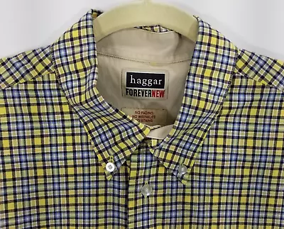 Hagaar Mens L Short Sleeve Dress Shirt Wrinkle Free Cotton Yellow Blue Plaid • $15