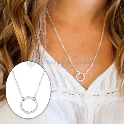 18ct White Gold Plated Eternity Karma Round Circle Pendant Charm Choker Necklace • £3.95