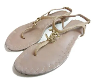 Authentic CHANEL Thong Sandals Coco Mark Chain 37 Leather #7053 • $150