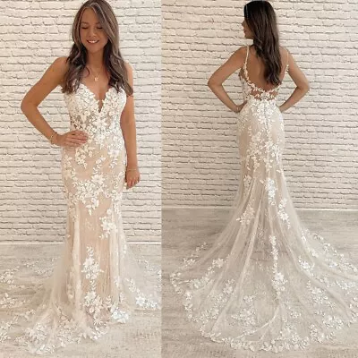 Beach Boho Mermaid Wedding Dresses Straps Lace Appliques Sleeveless Bridal Gown • $138