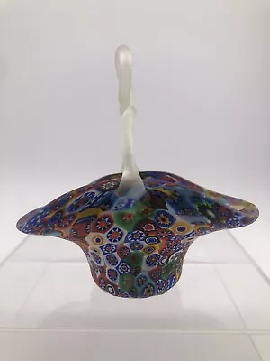 Murano Style Millefiori Small Glass Basket With Loop Handle Matte Frosted Multi • $25