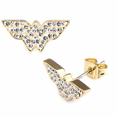 DC Comics Wonder Woman Symbol Stainless Steel Gem Stud Earrings Gold • $19.98