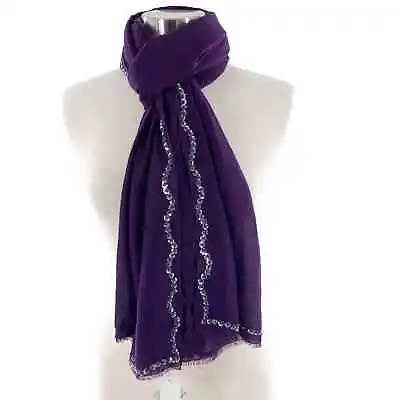 Bajra Womens Passion Purple Cashmere Silk Beaded Sequin Scarf 28 X 78 Nepal New • $67.15