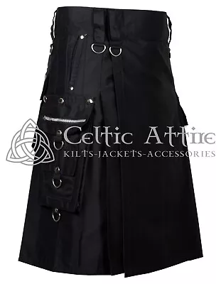 $46 • Buy Scottish Utility Kilt Steampunk Kilted Skirt Gothic Style Black Cotton Kilt 