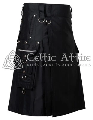$46 • Buy Scottish Utility Kilt Steampunk Kilted Skirt Gothic Style Black Cotton Kilt 