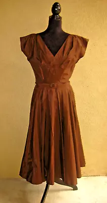 Vintage 50s Tea Time Fashions Ca Brown Taffeta Tulle Slip Cap Sleeves Belt • $35