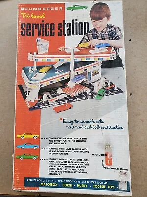 Brumberger Tri Level Service Gas Station Tin Lithograph Diorama Cars Toy Set • $299.95