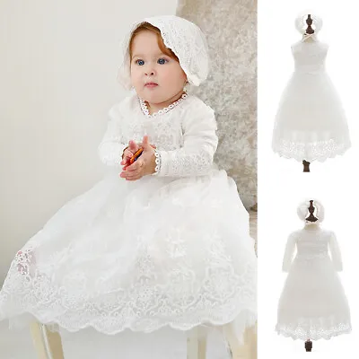 £21.33 • Buy Newborn Baby Girls Christening Baptism Long Dress & Hat White Lace Gown Outfits