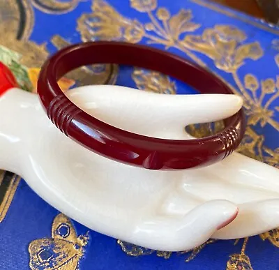 Vintage Cherry Red Amber Bakelite Carved Bracelet Art Deco Bangle • $30