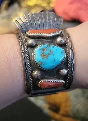 Vintage AHASTEEN Tom Or Julius Navajo Silver Turquois & Coral Watch Band Signed  • $100