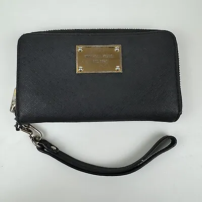 Michael Kors Essential Zip Wallet Black Gold Leather Saffiano Phone Wristlet • $25