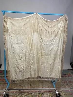 Antique 1920s Large Embroidered Silk Piano Shawl Cream And Fringe As Is • $265