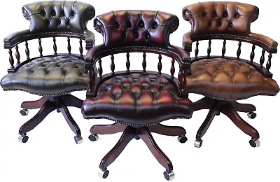 Chesterfield Captains Desk Chair In Mahogany Finish - Green/Oxblood-Red/Tan • £628