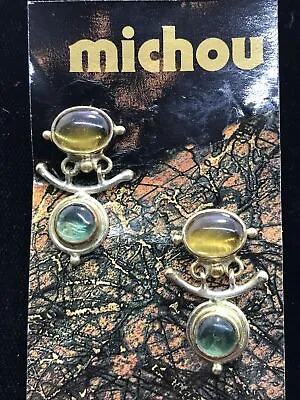 Vintage MICHOU 925 SS Gold Plated Citrine & Blue Topaz Unique Earrings   • $89.99