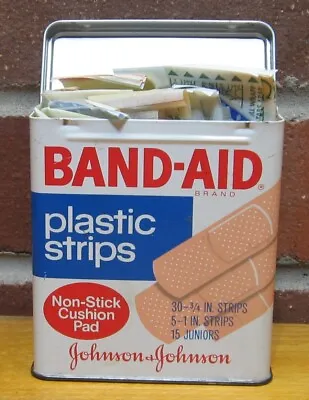 Vtg Band Aid Tin Johnson Johnson First Aid Bangages Full Can Plastic Strips • $8.99