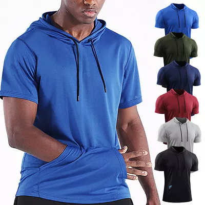 Summer Mens Short Sleeve Hooded Sport T Shirt Sportswear Tops Hoodie Fitness Tee • $14.63