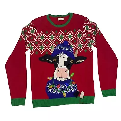 Holiday Time Men's Light Up Cow Ugly Christmas Sweater M Red Green 100% Acrylic • $28