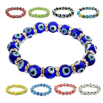 $7.95 • Buy EVIL EYE BRACELET 10mm Glass Lampwork Bead Stretch Good Luck Kabbalah Protection