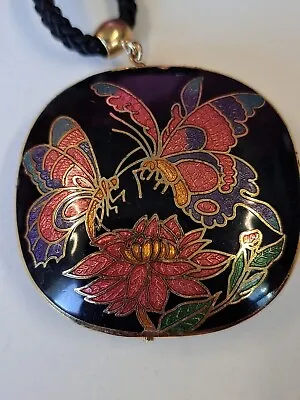 Vintage Cloisonné  Pendant  Butterflies Black Silk Cord  Dimensional  Gold Tone • $10.95