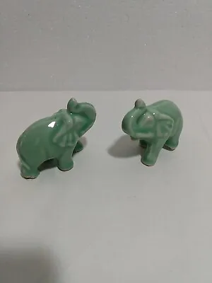 Set Of 2 Vintage Miniature Pottery Mint Green Elephants Trunk Up Glazed • $18.99