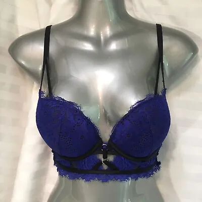 Bra 32C La Senza Blue Beyond Sexy Classic Plunge Black Lace Padded Push Up Wired • $21.99