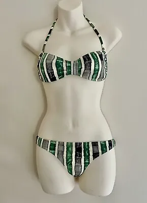 · TIGERLILY Green Grey And White Striped Bandeau Halter Style Bikini. Size 8 • $29