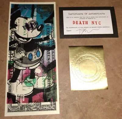 Death NYC Ltd Ed Signed Art Real Money One DOLLAR Bill $1 Mickey Mouse Bank Note • £77.20