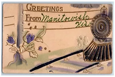 1913 Greetings From Manitowish Locomotive Airbrush Embossed Wisconsin Postcard • $14.98