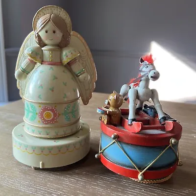 Lot Of 2 Vintage Christmas Winding Musical Boxes Angel Enesco 1970’s Working! • $30.49