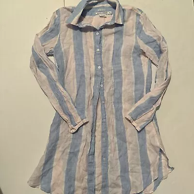 Island Company Womans  Linen Gentleman Shirt Dress W Blue Pink Stripes Small • $32