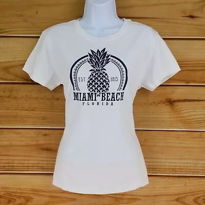 Miami Beach Florida Crew Neck T-Shirt Womens Sz L White Short Sleeves Pineapple • $11.99